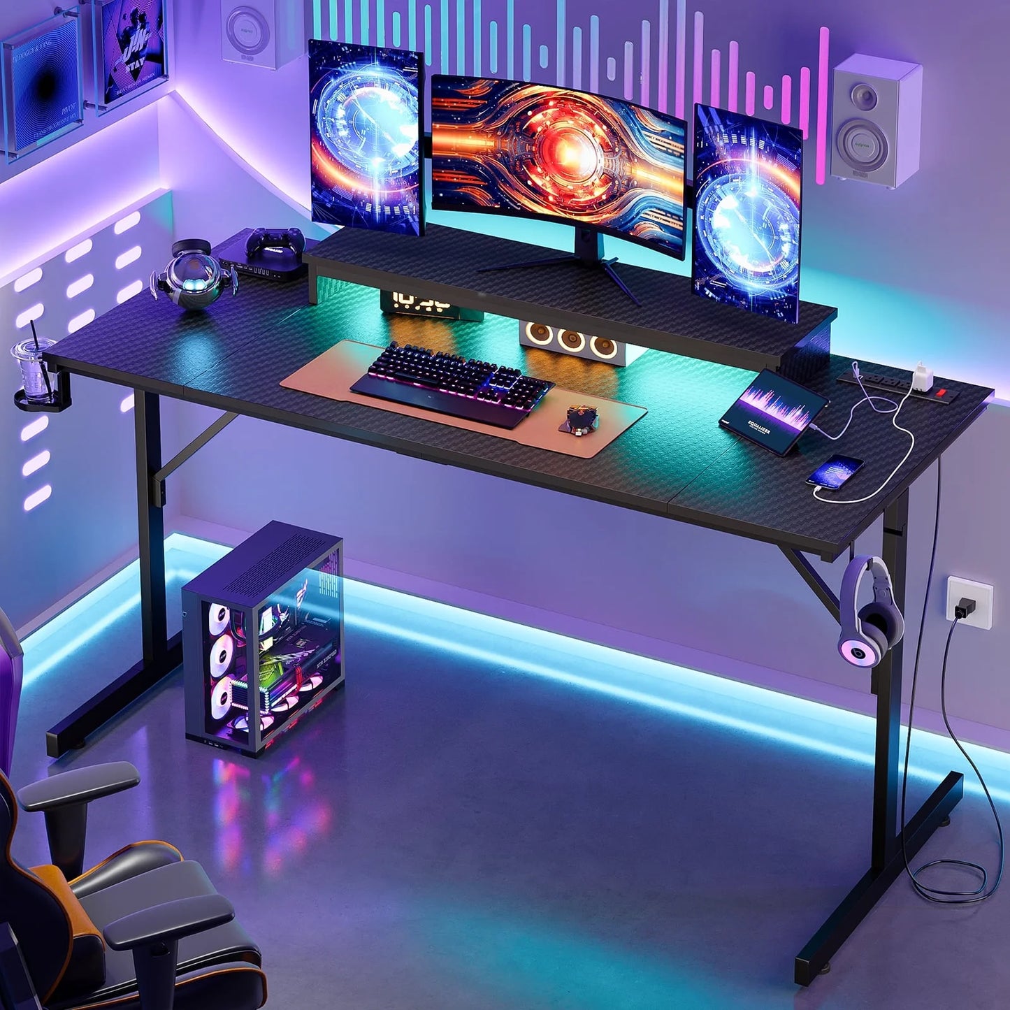 52 Inch Gaming Desk with Power Strip and LED Monitor Stand, Small Computer Desk for Home Office, Carbon Fiber Black