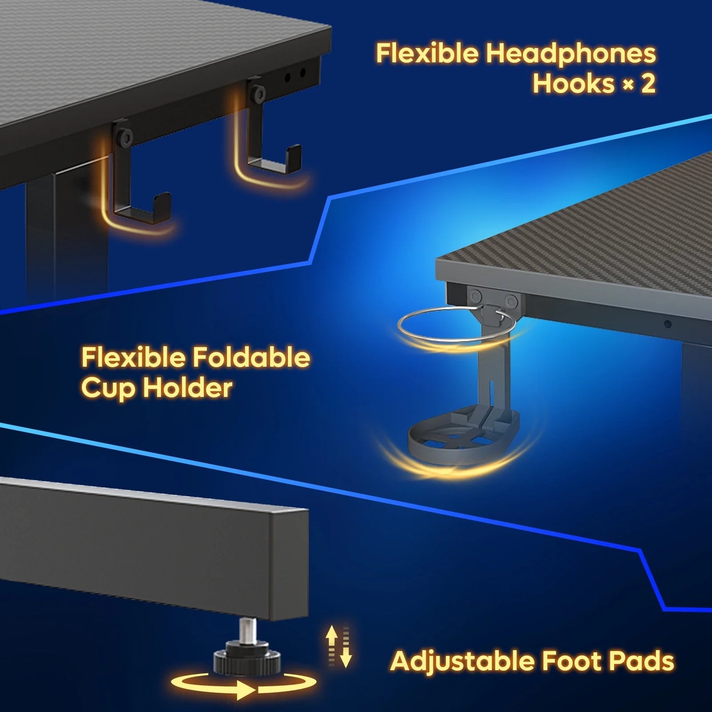 52 Inch Gaming Desk with Power Strip and LED Monitor Stand, Small Computer Desk for Home Office, Carbon Fiber Black