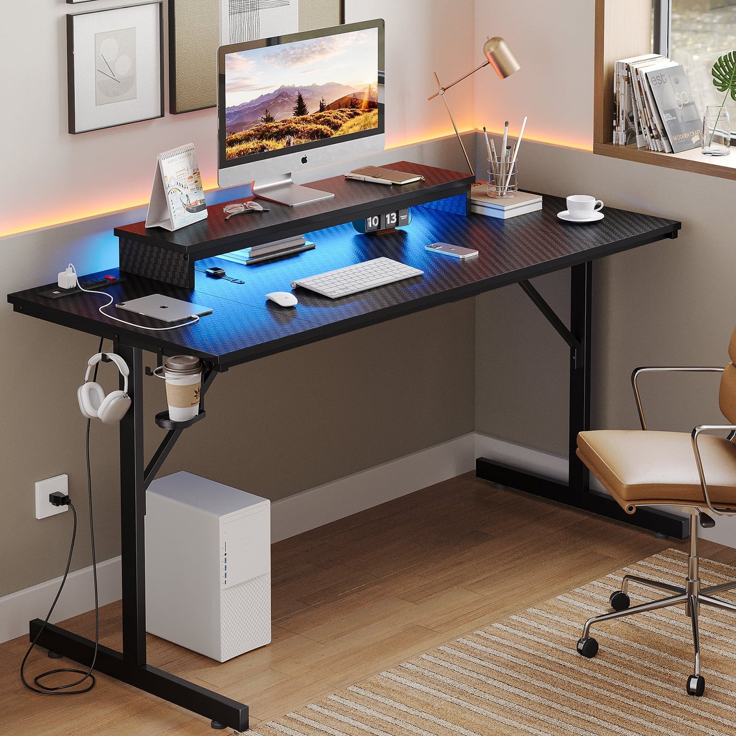 52 Inch Gaming Desk with Power Strip and LED Monitor Stand, Small Computer Desk for Home Office, Carbon Fiber Black
